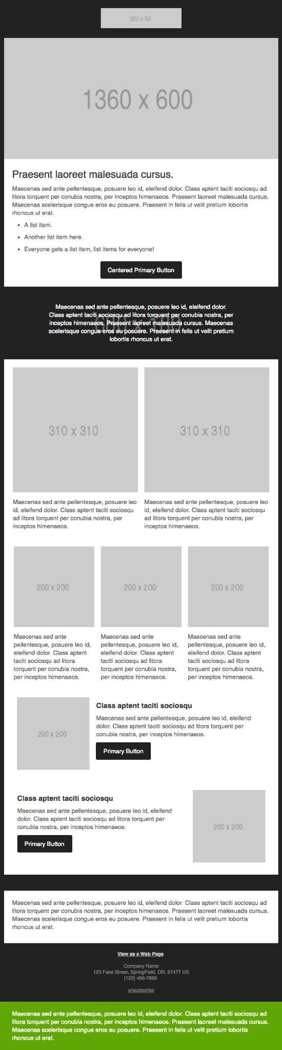 A webpage displays a product listing for a 1360 x 600 image, categorized as a "Praesent laoret masculuada cursus," with options for viewing as a "Primary Button" and a "Class aptent taciti sociosqu."