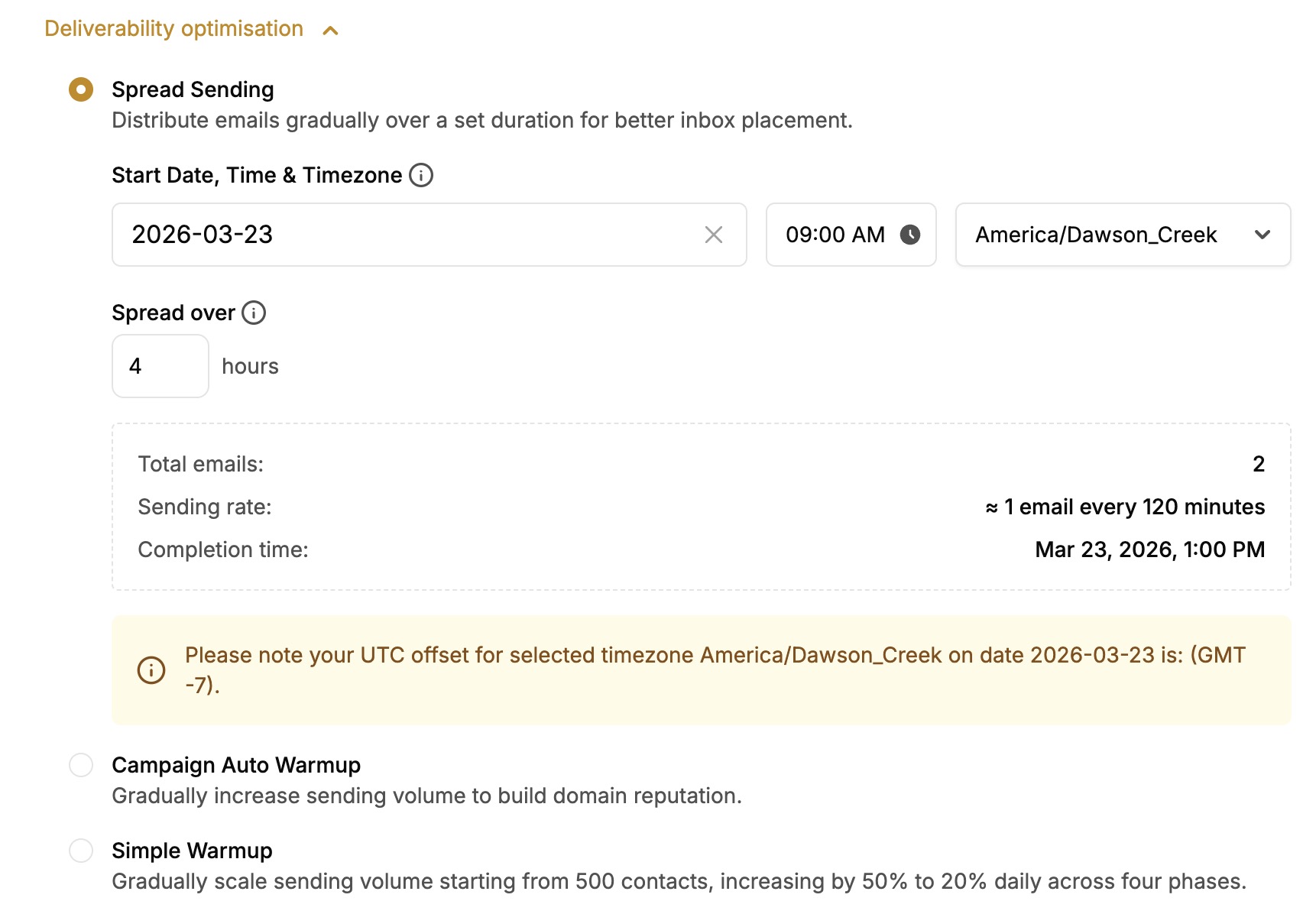 Deliverability optimization settings panel showing Spread Sending option selected. Date field shows 2026-03-23, time set to 09:00 AM in America/Dawson_Creek timezone. Spread duration is 4 hours for 2 total emails, sending at rate of 1 email every 120 minutes, completing Mar 23, 2026, 1:00 PM. Yellow notification box displays UTC offset GMT-7.