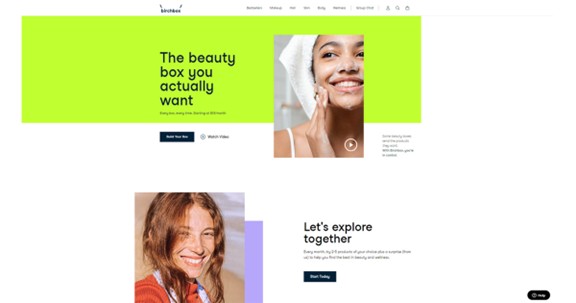 Birchbox beauty subscription website homepage featuring a bright lime green banner with the tagline "The beauty box you actually want" alongside a woman applying skincare. Below is a second section with a smiling woman with freckles and text reading "Let's explore together."