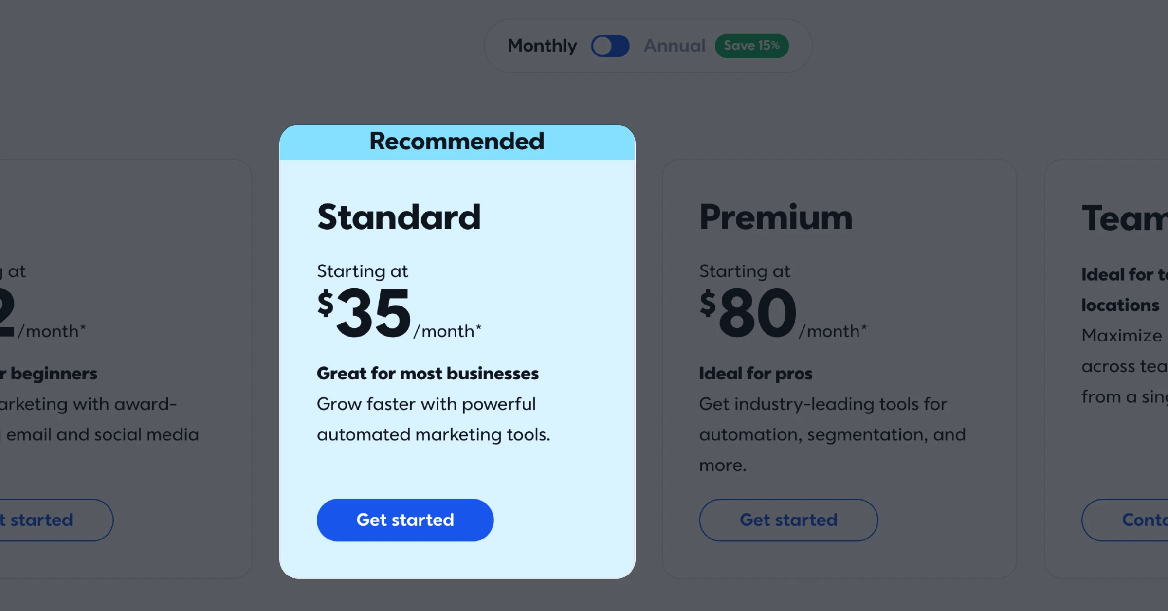 Constant Contact pricing page showing Standard plan marked as "Recommended" at $35 per month, labeled "Great for most businesses" with powerful automated marketing tools, alongside Premium plan at $80 per month for pros. Monthly billing toggle shown with 15% annual savings option.