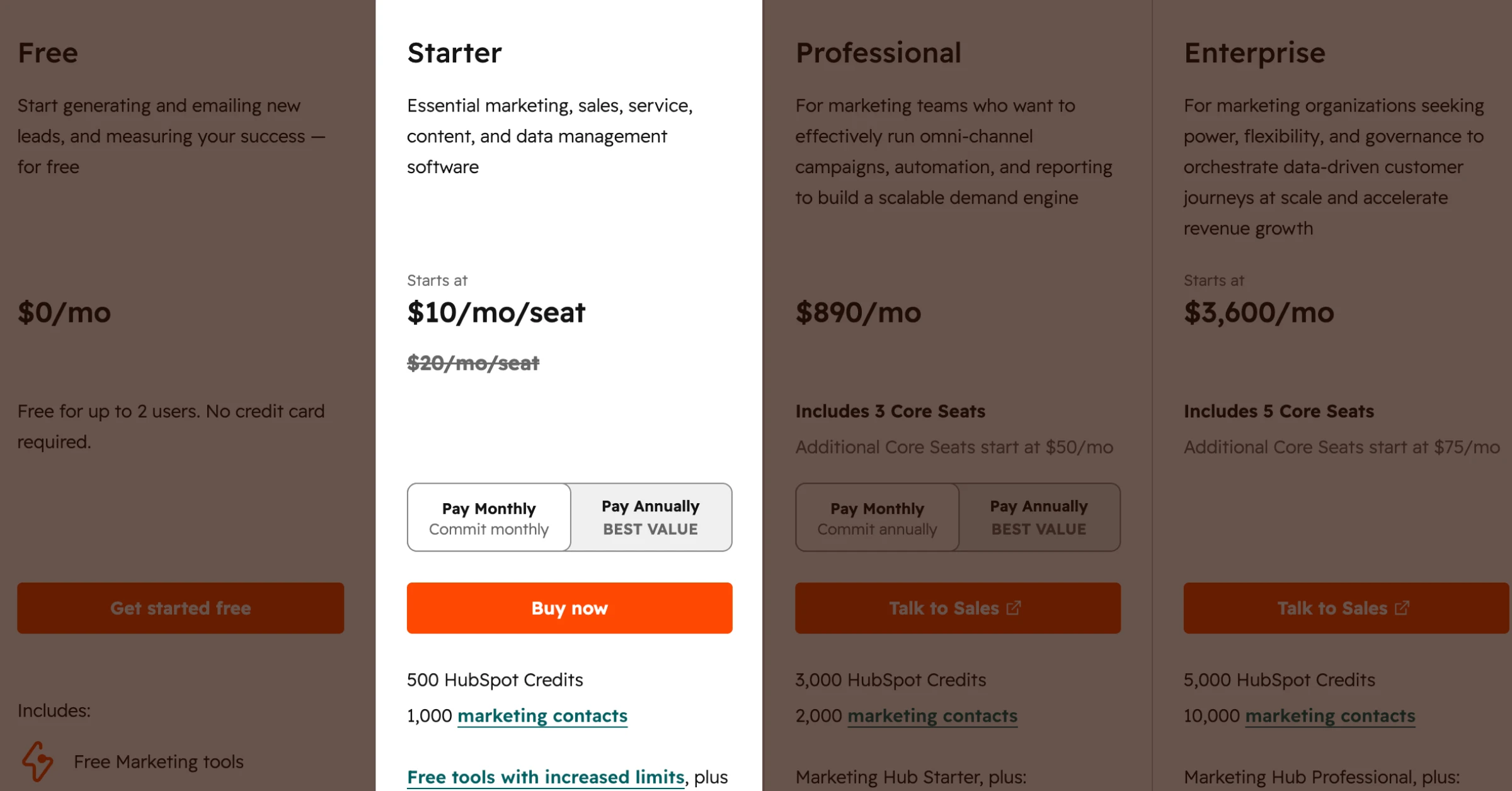 HubSpot pricing tiers comparison showing four plans: Free at $0/month, Starter at $10/month/seat (discounted from $20), Professional at $890/month with 3 core seats, and Enterprise at $3,600/month with 5 core seats. Each plan displays included features, HubSpot credits, and marketing contacts.