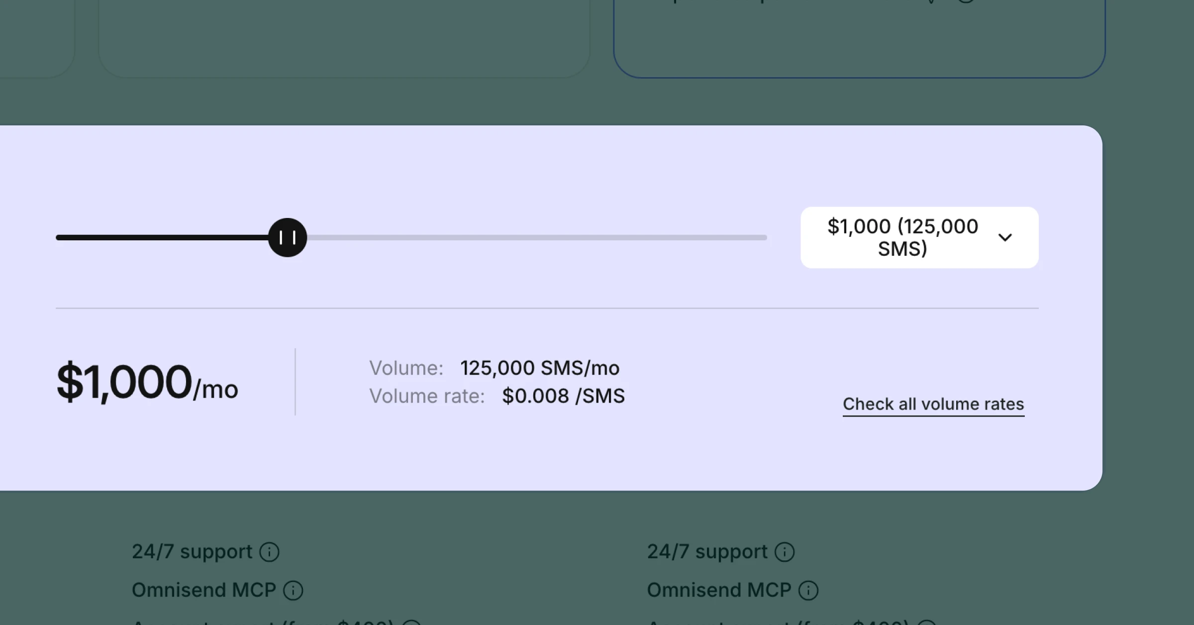 Omnisend SMS pricing calculator showing $1,000 per month plan for 125,000 SMS messages at $0.008 per SMS, with an adjustable slider and dropdown menu to select different volume tiers.