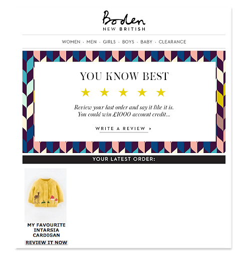 A Bodén New British website page displays a colorful geometric frame around a five-star review prompt and a yellow card featuring a cardigan illustration.