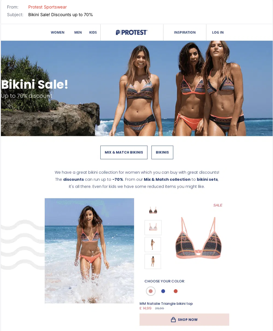 Protest email with ecommerce UX to encourage a shopping mindset