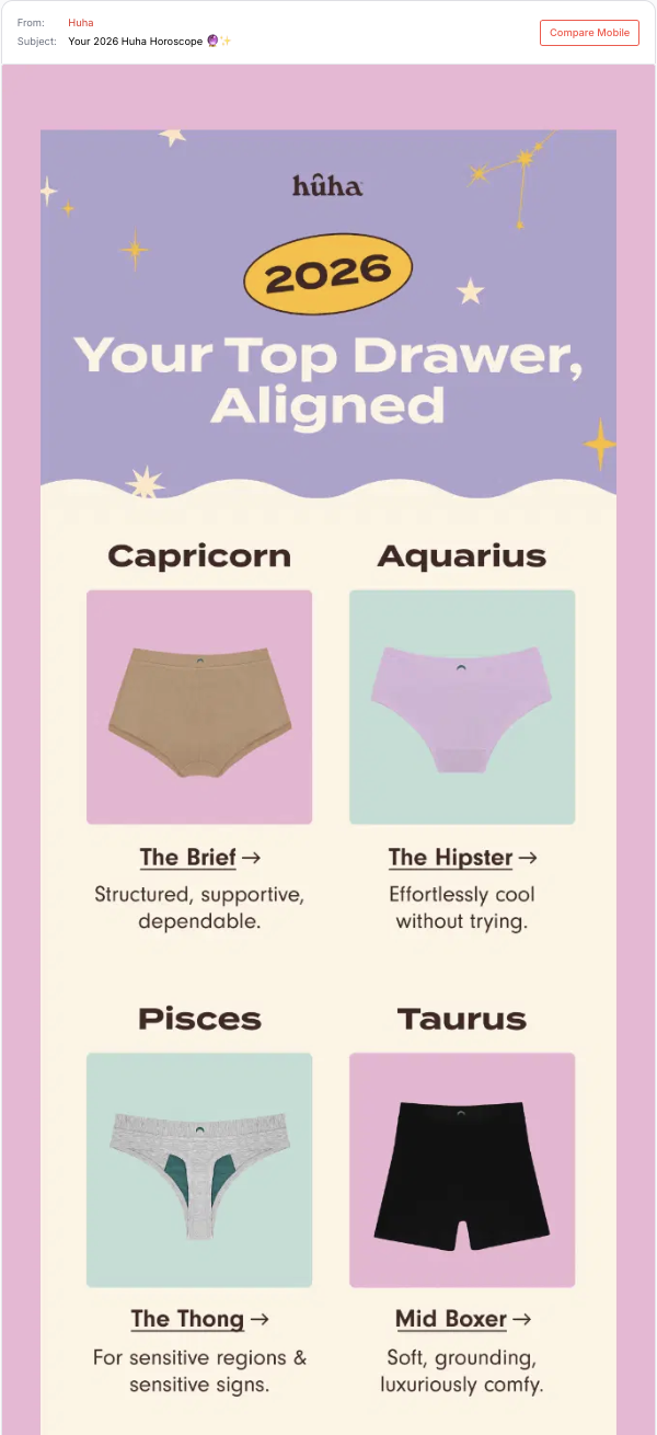 Hûha zero-party data collection email using a horoscope theme