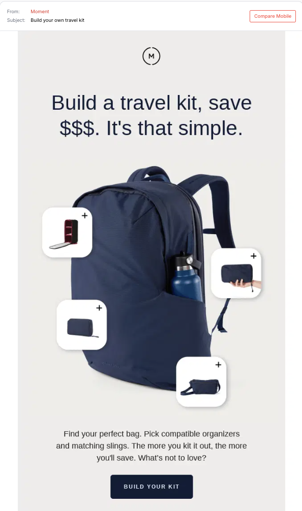 Moment upsell email encourages customization to add products to a single sale