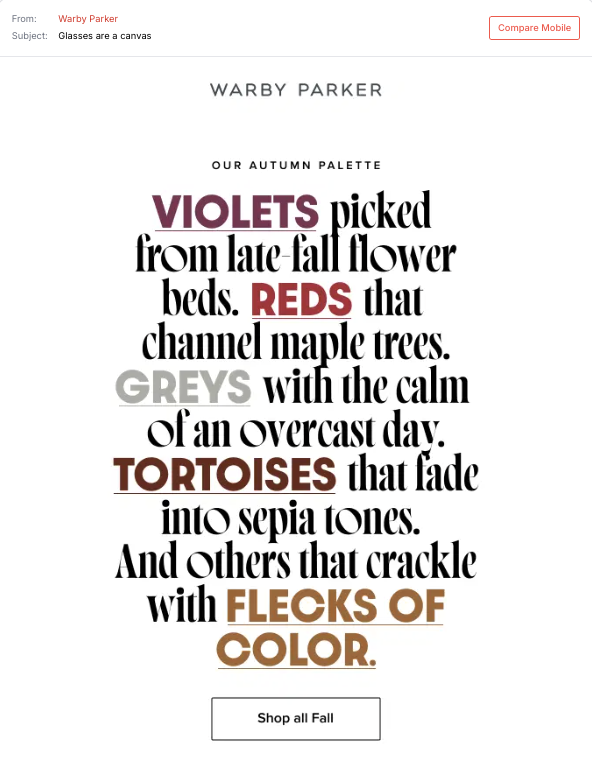 Warby Parker email uses text instead of product imagery