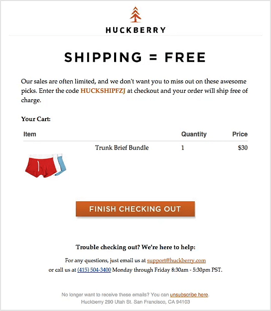 An email from Huckberry states "SHIPPING = FREE" and provides a code for free shipping at checkout, along with a button to finish checking out.