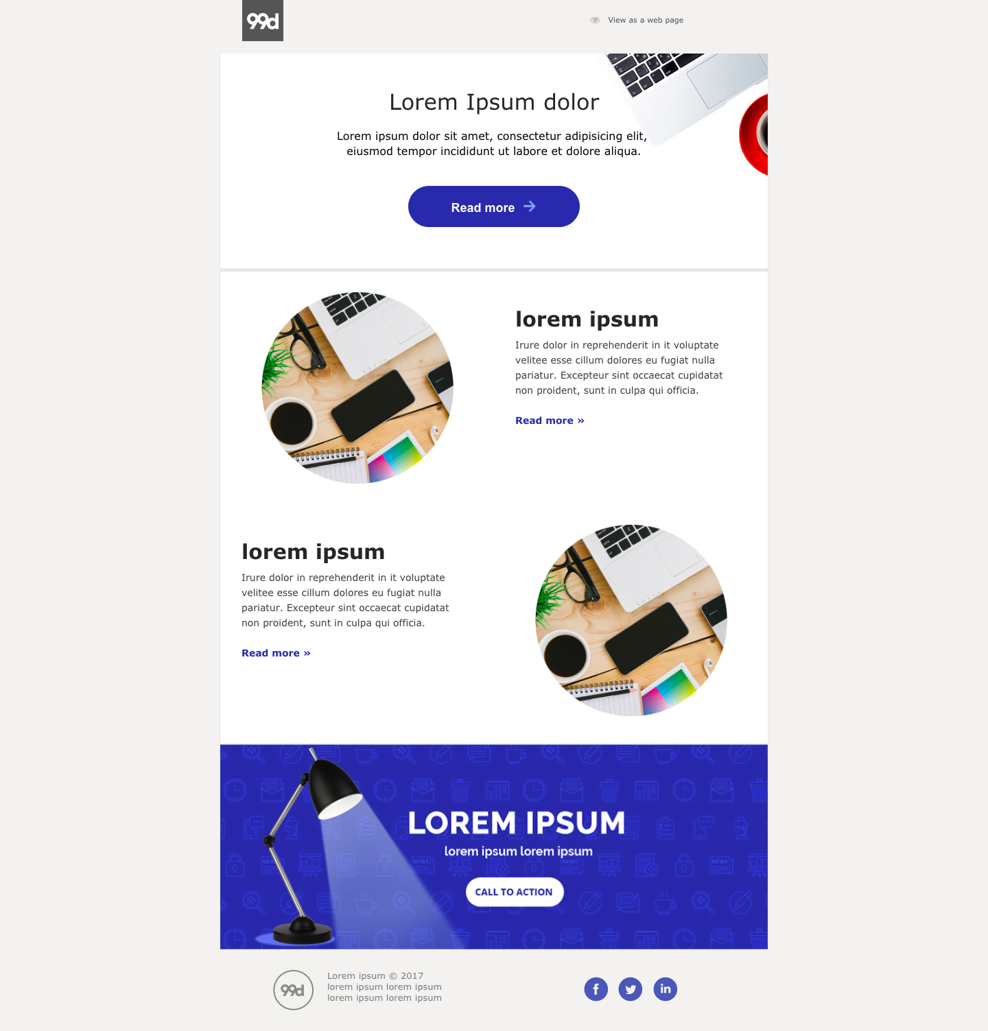 A webpage displays a blue header with &ldquo;Lorem Ipsum dolor&rdquo; text, images of laptops and desks, and sections labeled &ldquo;lorem ipsum&rdquo; and &ldquo;call to action.&rdquo;