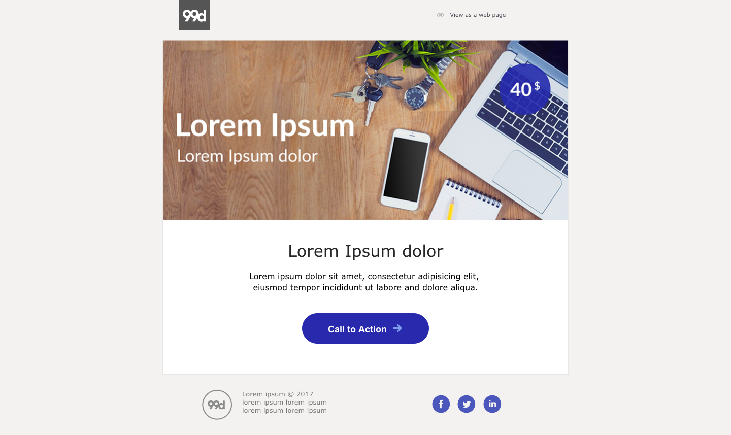 A landing page template with a clean, minimalist design, featuring a white background, blue button, and Lorem Ipsum placeholder text, displayed in dark blue.