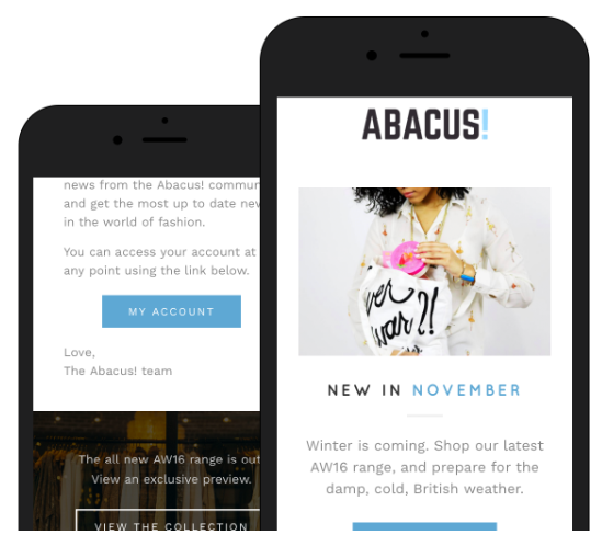Two smartphones display the Abacus brand website, featuring a white background, a black header with the brand name, a woman holding a sign reading &ldquo;ever was I?&rdquo;, and &ldquo;NEW IN NOVEMBER&rdquo;, and text about winter fashion.