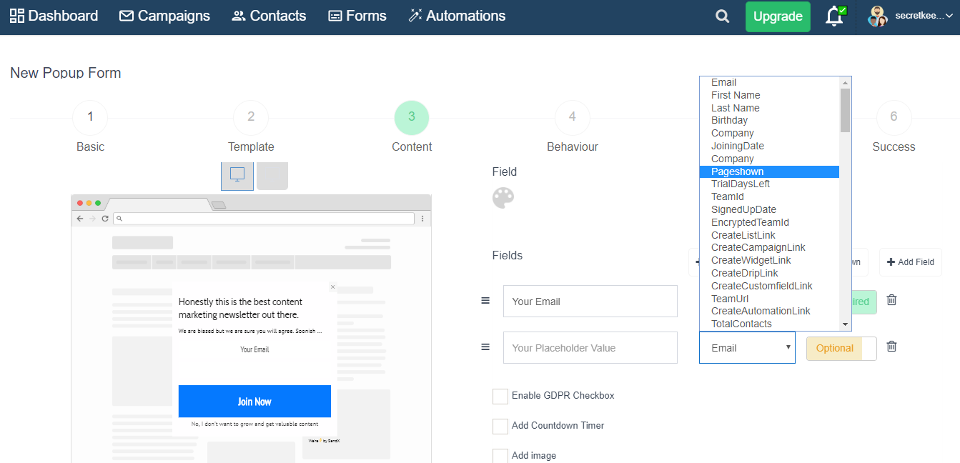 A popup window displays a dashboard with fields for email, first name, last name, company, field, success, and automations, accompanied by a form for populating basic, template, content, behavior, and fields.