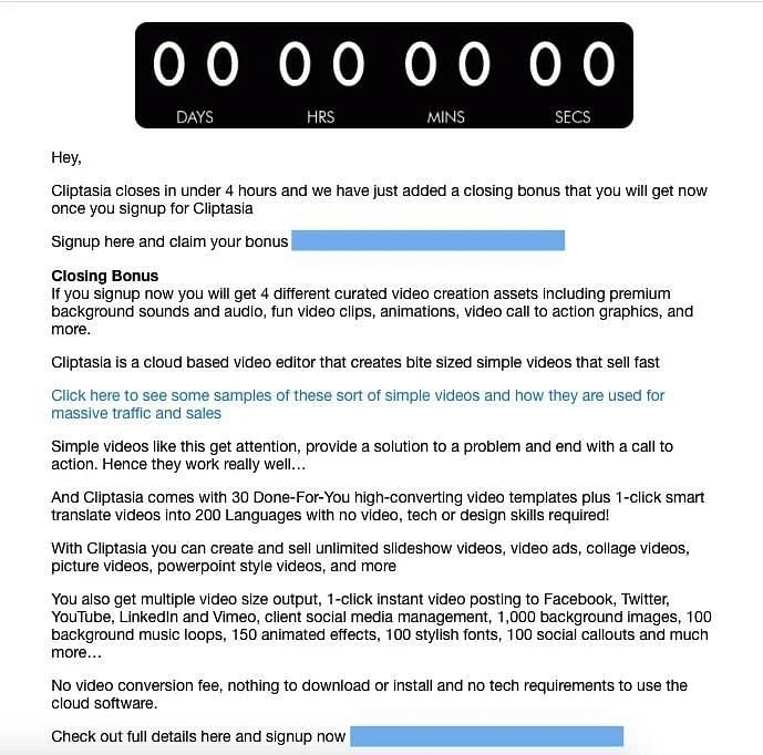 A Cliptasia promotional email displays a countdown timer, bonus offer, and product features, encouraging sign-ups.