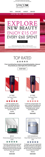 A Spacenk advertisement features a pink background promoting a $15 off sale on new beauty products, with products by Terry, Lipstick, Kate Spendell, Keye, and Quentashams displayed below.