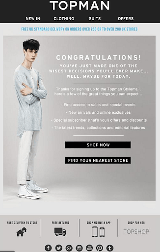 A Topman advertisement features a young man in a light blue shirt and white pants, with text congratulating him on signing up for the Topman Stylomail and promoting features like free UK standard delivery, special offers, and online exclusives.