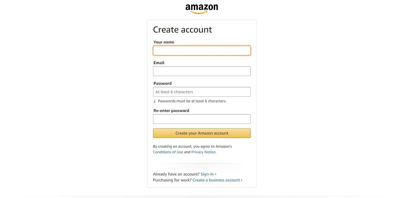 An Amazon account creation form displays fields for name, email, password, and password confirmation, with text below explaining account creation and purchase conditions.
