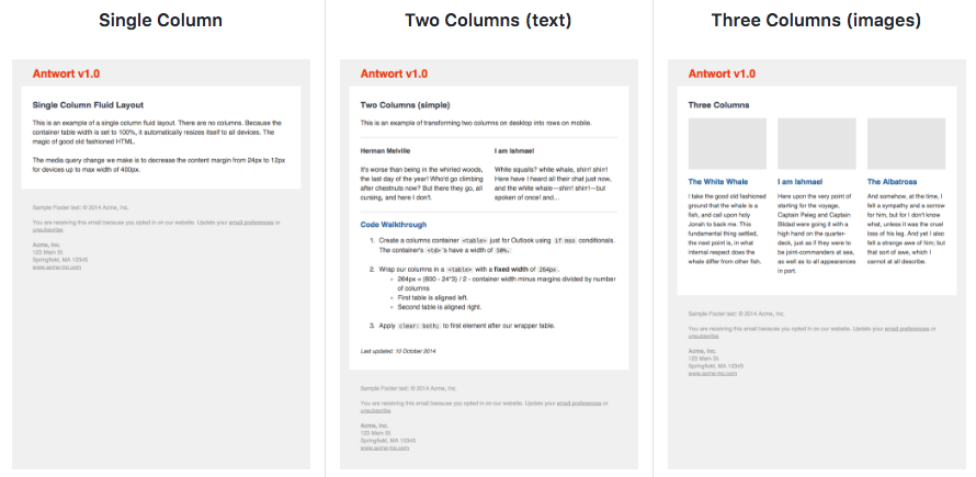 A screenshot of Antwort v1.0 showing three columns: Single Column, Two Columns, and Three Columns, with text and images.