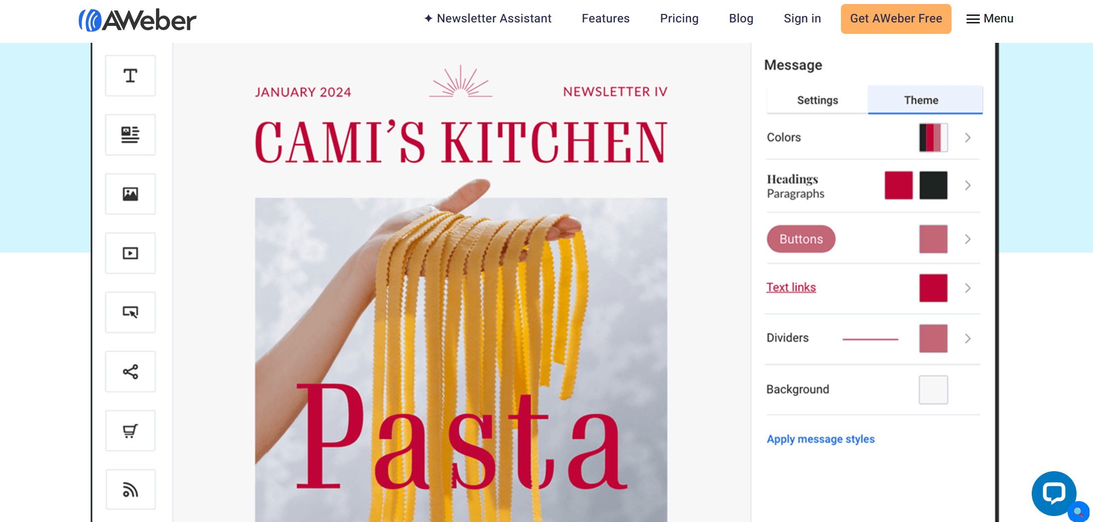 A themed magazine cover for Cami's Kitchen, dated January 2024, features yellow pasta and text in red and black.