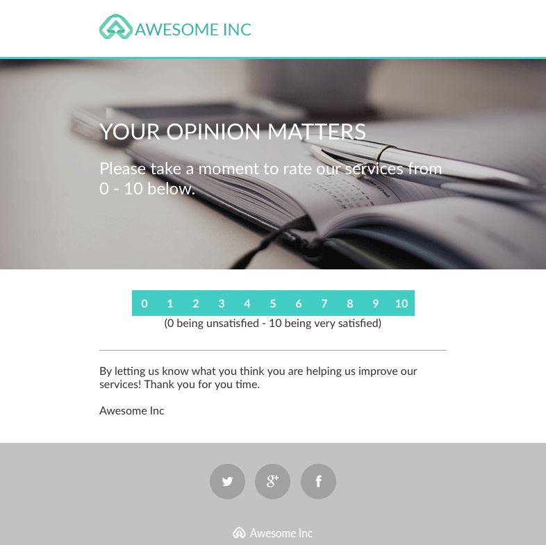 A survey from Awesome Inc. shows 0-10 service rating out of 10, with 0 being unsatisfied and 10 being very satisfied.