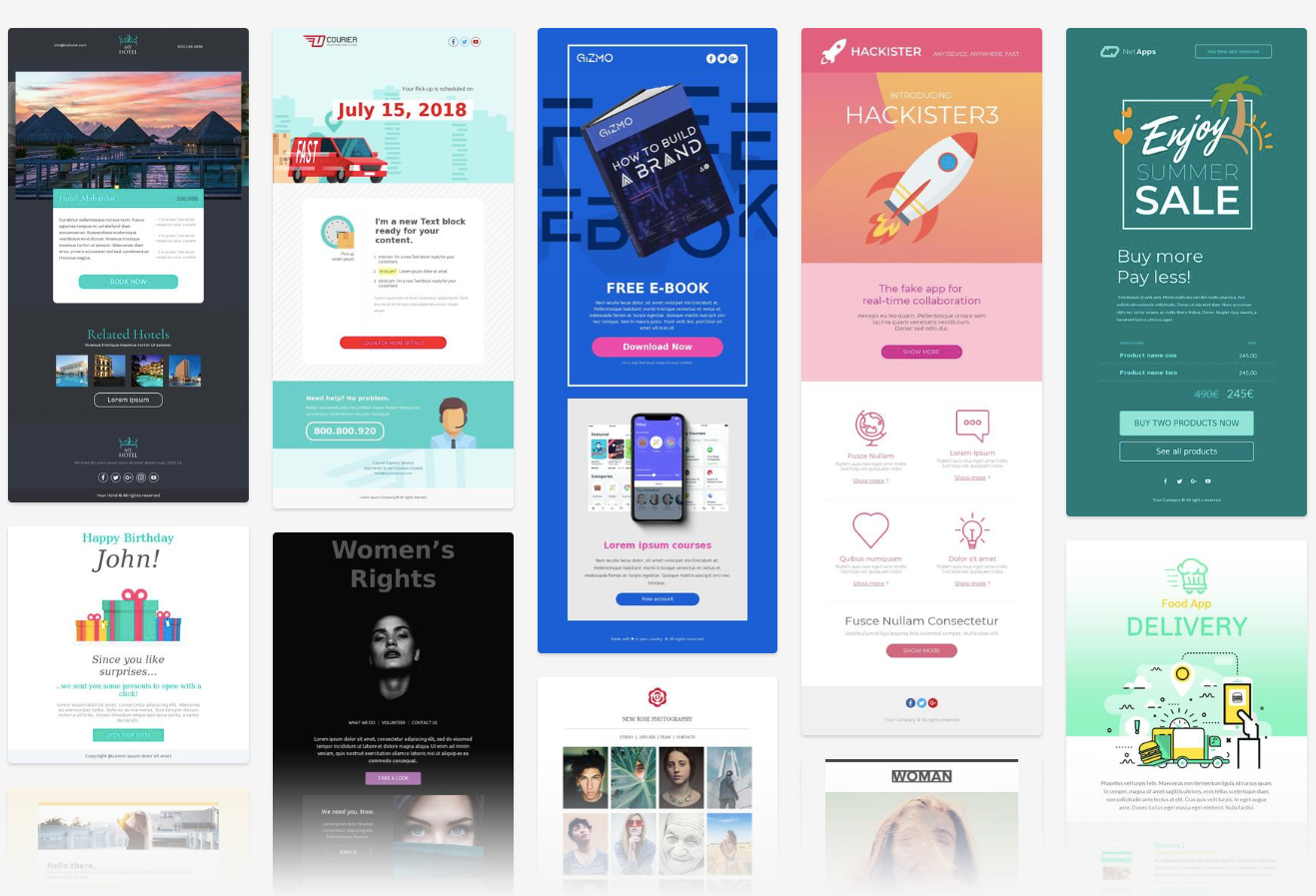 A grid of ten digital marketing campaigns, each with distinct visuals and messaging, against a white background.