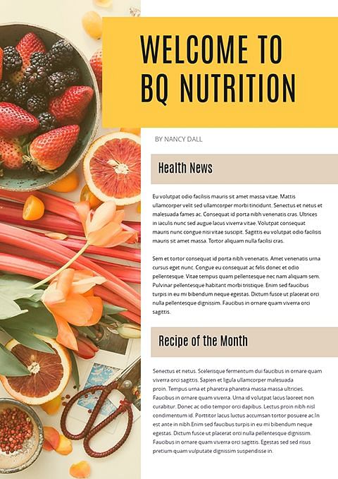A page with food items (strawberries, blackberries, grapefruit, orange, rosemary, scissors) and text: &ldquo;WELCOME TO BQ NUTRITION BY NANCY DALL.&rdquo;