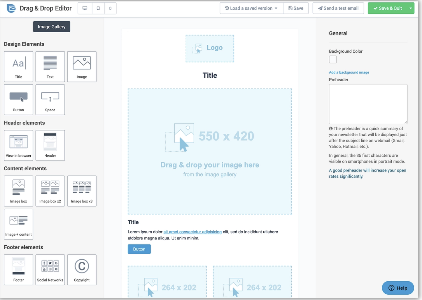 A screenshot of a "Drag & Drop Editor" interface displays a light blue background with a central image placeholder, labeled "Title: 550 x 420," with placeholder text and navigation buttons.