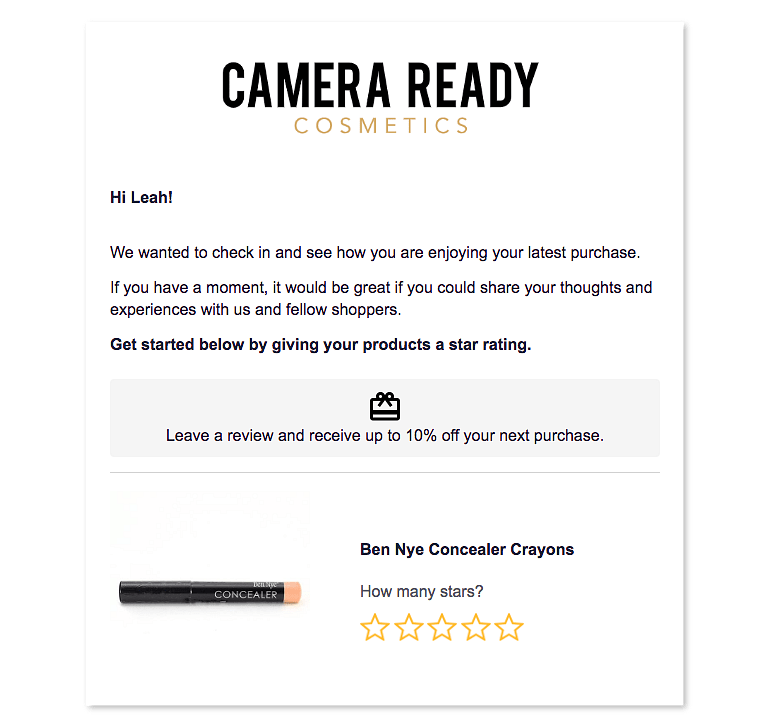 A promotional email from Camera Ready Cosmetics featuring a product review and discount offer.