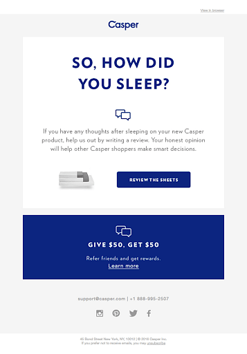 A Casper email campaign asks "SO, HOW DID YOU SLEEP?" and offers a review button, encouraging feedback on new products.