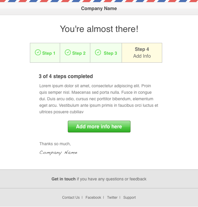 A webpage displays a congratulatory message: "You're almost there!" with Step 3 of 4 completed, offering an "Add more info here" button. Below, a thank you message is visible, followed by contact information.