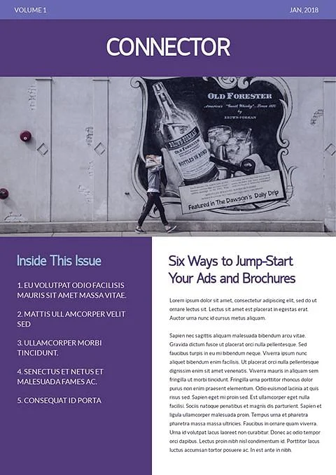 The cover of "CONNECTOR" magazine, Volume 1, Jan. 2018, displays a vintage advertisement of an Old Forester bottle against a wall, with "Six Ways to Jump-Start Your Ads and Brochures" listed on the right.