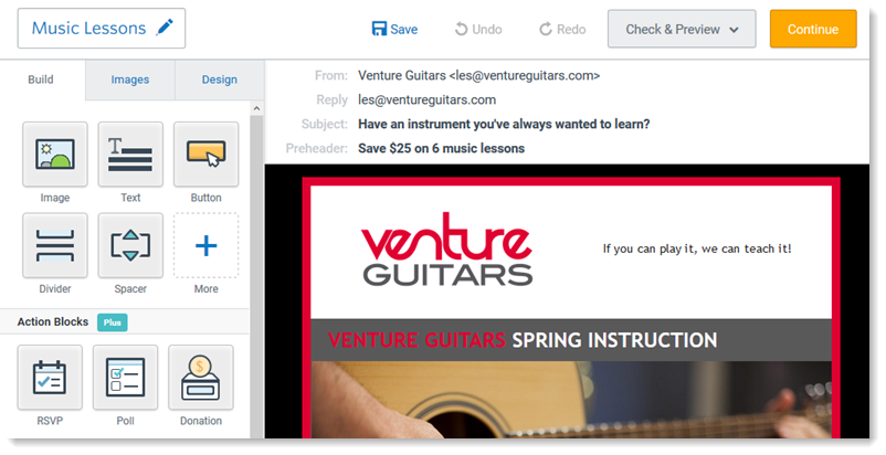 A screenshot of a music lesson website displays a navigation bar with options like "Build," "Images," "Design," and "Action Blocks," and a banner ad for a "Venture Guitars Spring Instruction" course.