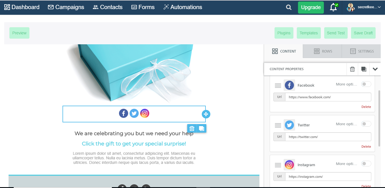 A Dashboard website displays a gift box with a ribbon and personalized messages, accompanied by a Facebook section and analytics.