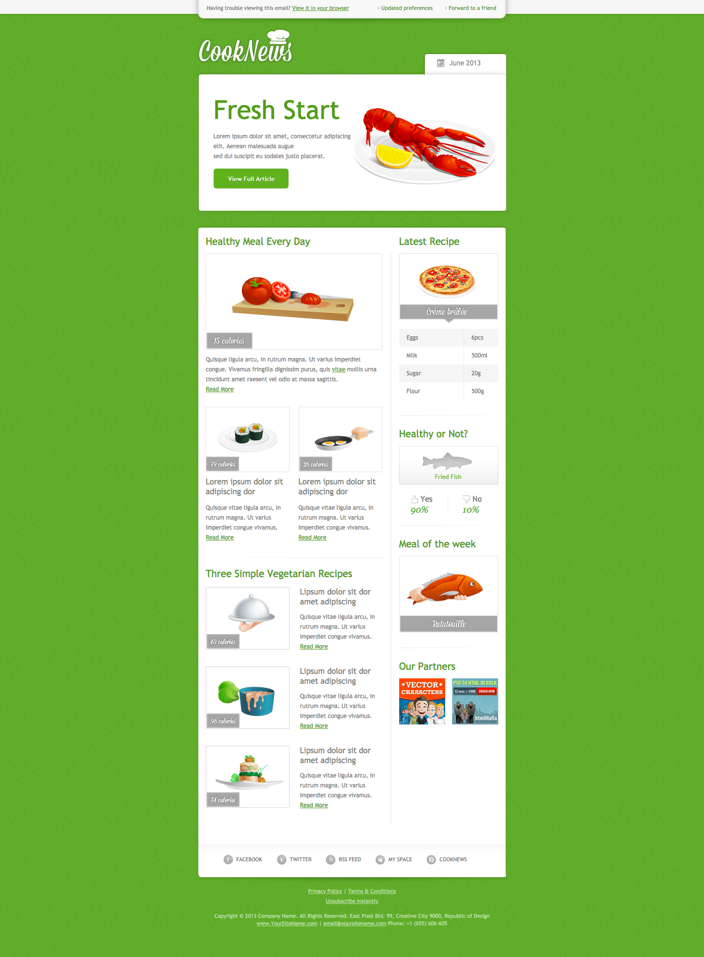A green food website page CookNet, dated June 2013, features cooking tips, healthy meals, and partners.