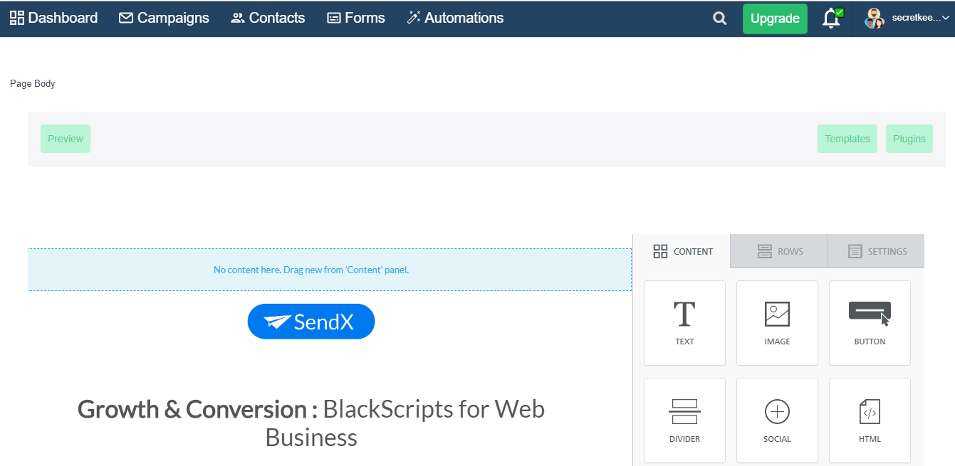 A webpage displays a preview, content panel, and sidebar with text, images, and buttons, including a SendX logo.