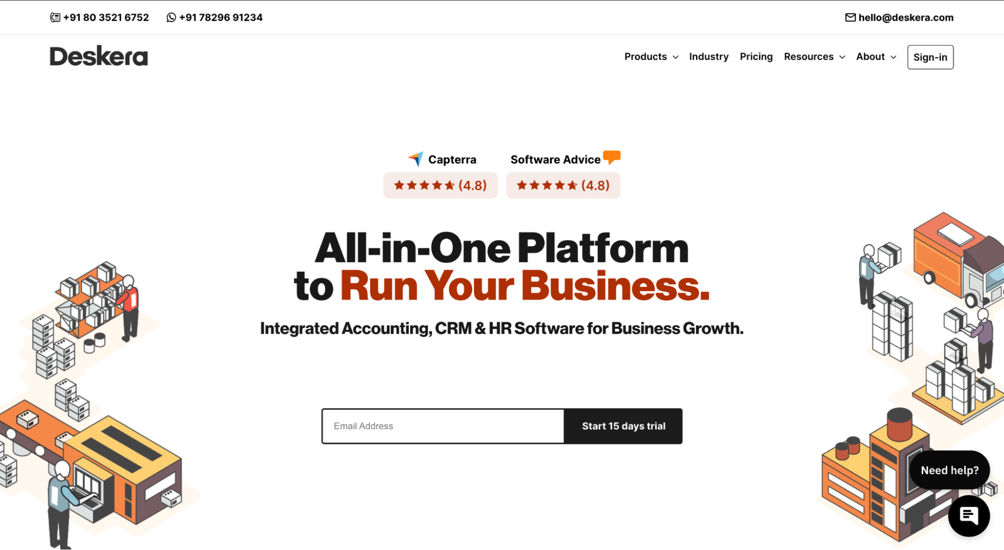 A design company advertisement for Deskera&rsquo;s All-in-One Platform to Run Your Business, displaying a white background, orange and black text, and illustrations of business processes.