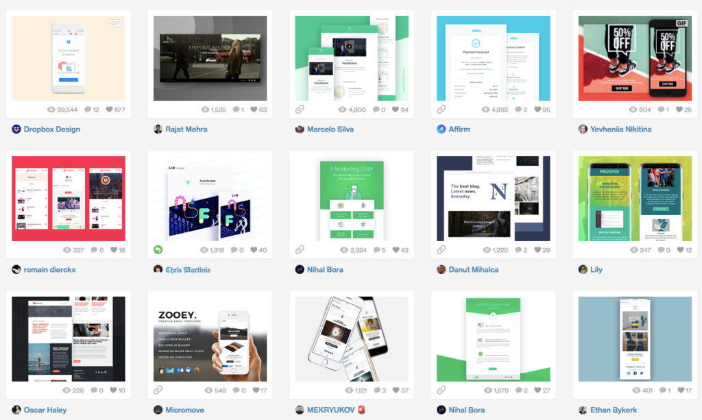 A grid of 15 app screenshots on various platforms, including Dropbox Design, Affirm, Mailchimp, Zooey, and Lily.
