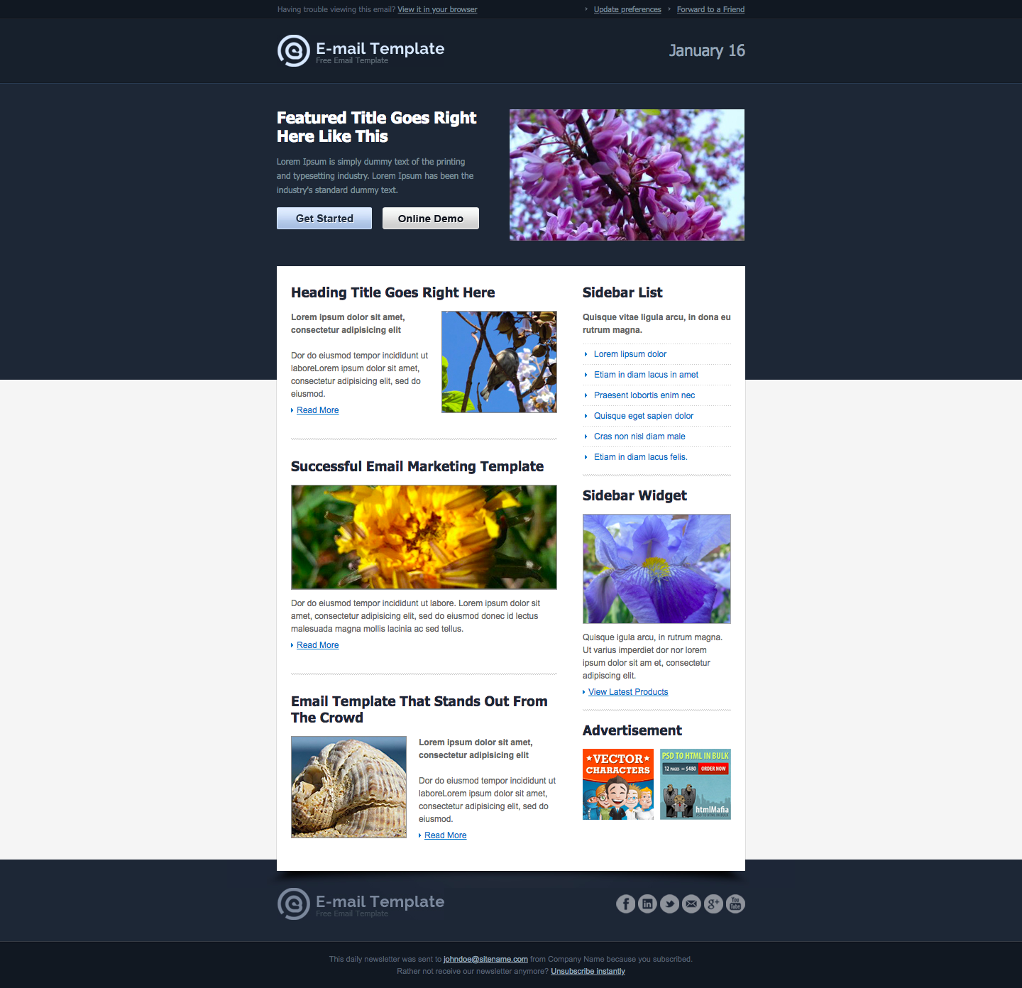 A dark blue webpage displays an email template with text and images, including &ldquo;Featured Title Goes Right Here Like This,&rdquo; &ldquo;Heading Title Goes Right Here,&rdquo; &ldquo;Sidebar List,&rdquo; &ldquo;Sidebar Widget,&rdquo; &ldquo;Email Template That Stands Out From The Crowd,&rdquo; and &ldquo;Advertisement.&rdquo;