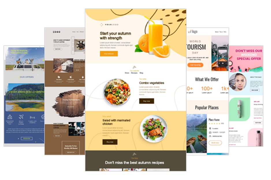 A collage of six website screenshots displays various design elements including a yellow gradient, images of food, orange juice, travel, pop culture, and text.
