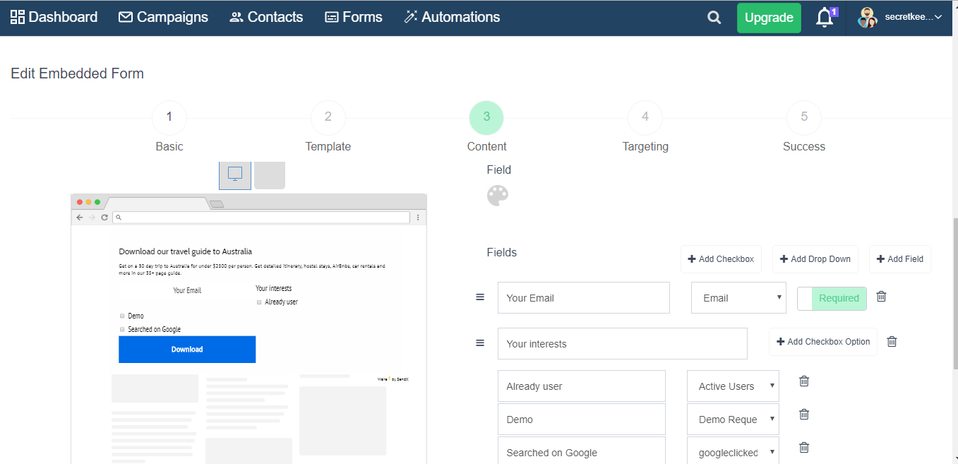 A dashboard displays a form for downloading a travel guide to Australia, with fields for email, interests, and search terms.