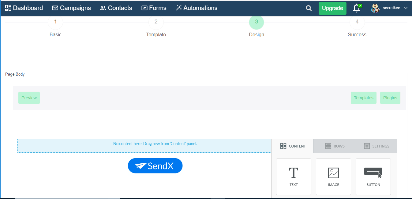 A page body with basic, template, design, and success sections, previews, content, content types, automations, campaigns, contacts, forms, plugins, and sendX buttons.