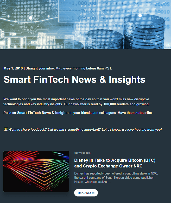 A dark blue webpage displays "Smart FinTech News & Insights" headline, mentioning a newsletter read by 100,000 readers, followed by a Disney Hodl article about acquiring Bitcoin and crypto exchange NXC.