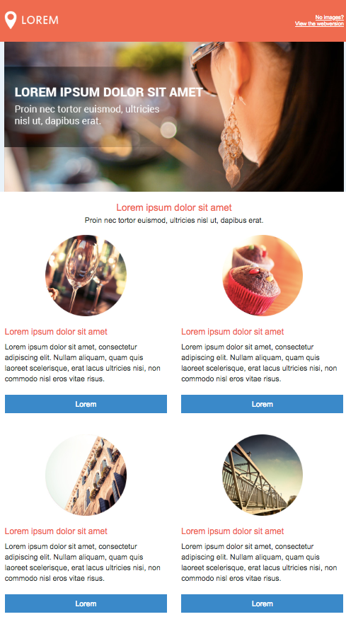 A webpage displays four images with Lorem placeholder text: two wine glasses, a cupcake, and a bridge.
