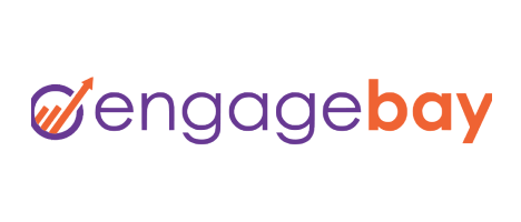The EngageBay logo consists of the words "engagebay" in purple and orange, with a stylized orange upward arrow within a circle to the left.
