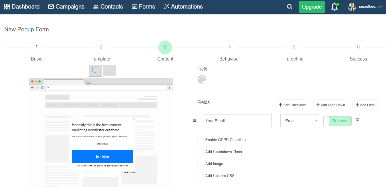 A popup form with five fields: Basic, Template, Content, Behavior, Targeting, Success, and Fields, with email, fields, and a dashboard interface.