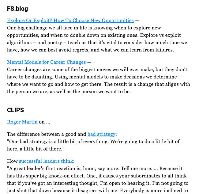 A blog post titled "FS.blog" discusses exploring new opportunities and mental models for career changes, quoting Roger Martin.