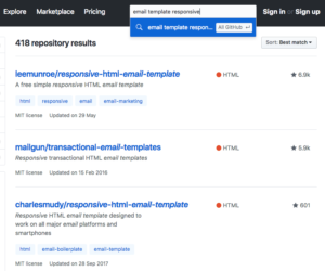A screenshot displays search results for "email template responsive" on a web page, showing four results with blue titles, HTML tags, and red dots indicating high relevance.