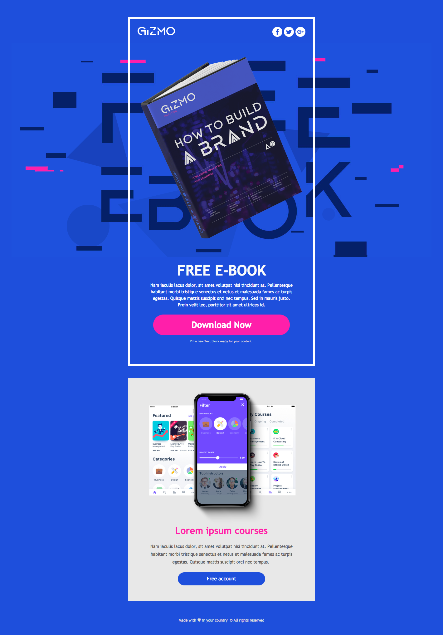 A blue background features the Gizmo logo, a book titled "How to Build a Brand," a pink "Download Now" button, a smartphone displaying the Gizmo app interface, and a "Lorem ipsum courses" section.