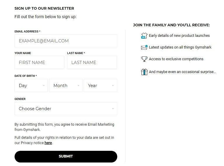A sign-up form for Gymshark&rsquo;s newsletter requests email, name, birth date, gender, and includes options for early product updates and exclusive access.