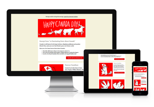 A computer monitor, tablet, and smartphone display the Happy Canada Day website, featuring a red banner with white text, illustrations of Canadian animals, and text about Canada's facts.