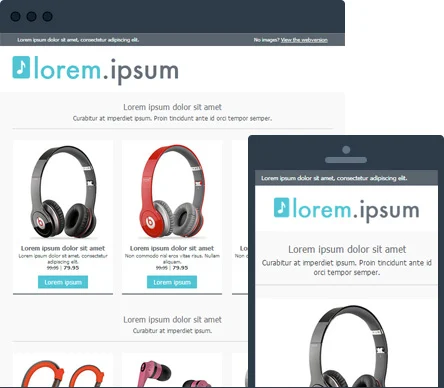 A website mockup displays three headphone images with placeholder text: &ldquo;Lorem ipsum dolor sit amet&rdquo; and &ldquo;Curabitur at imperdiet ipsum.&rdquo; A tablet screen shows the same placeholder text and a headphone image.
